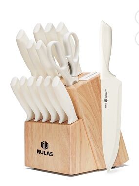 Nulas 12-Piece White Ceramic Knife Set with Wood Block